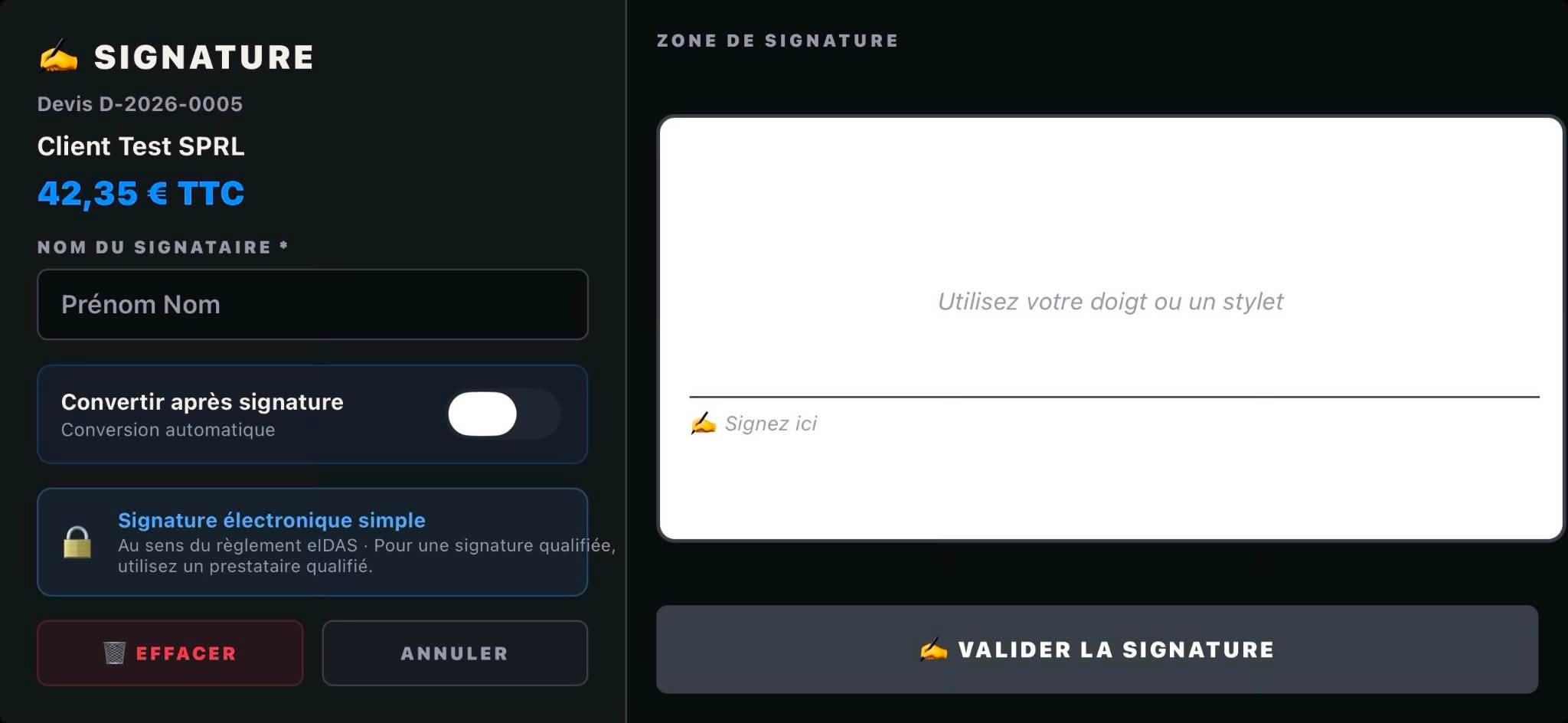 Zone de signature électronique ConstructOps permettant au client de signer un devis au doigt ou au stylet