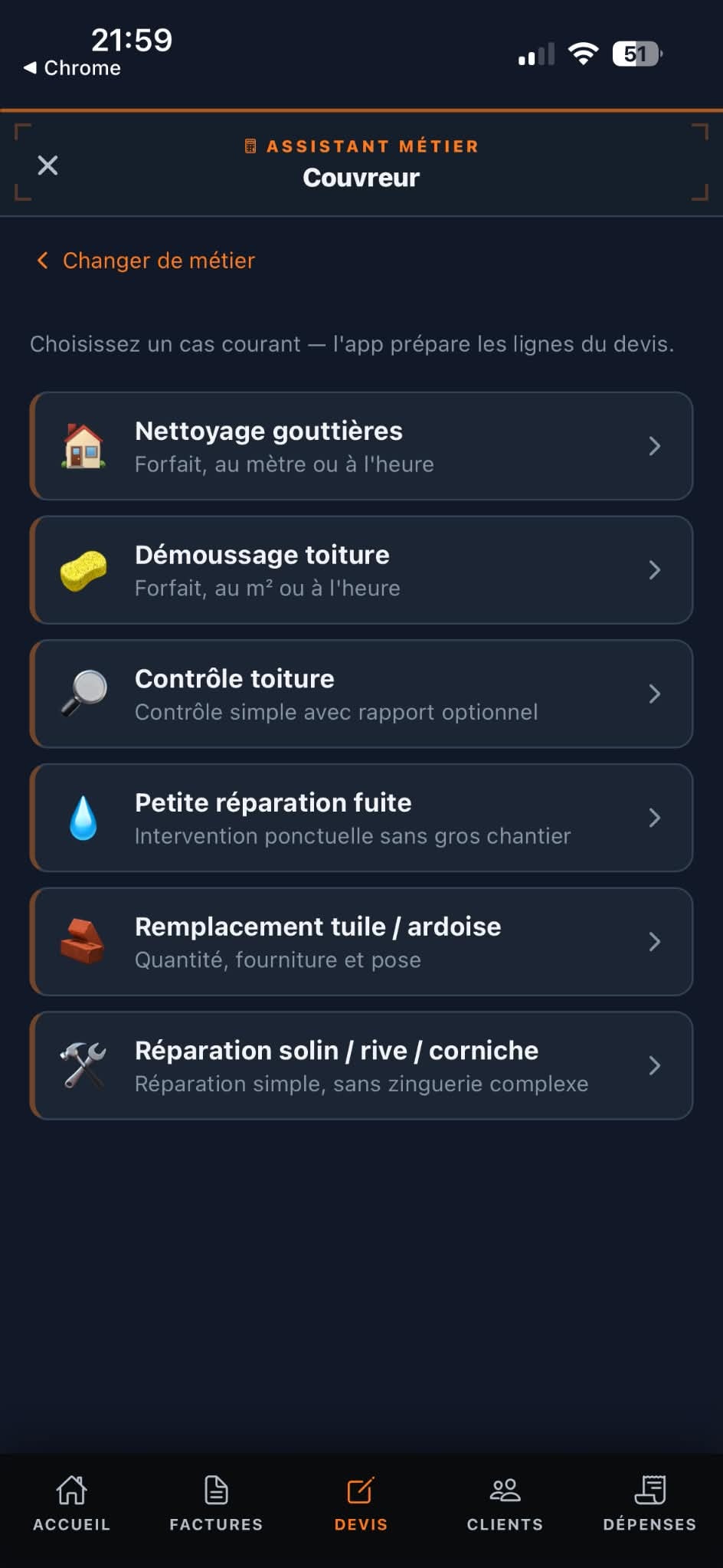 Catalogue métier ConstructOps pour couvreur avec une sélection de prestations de toiture