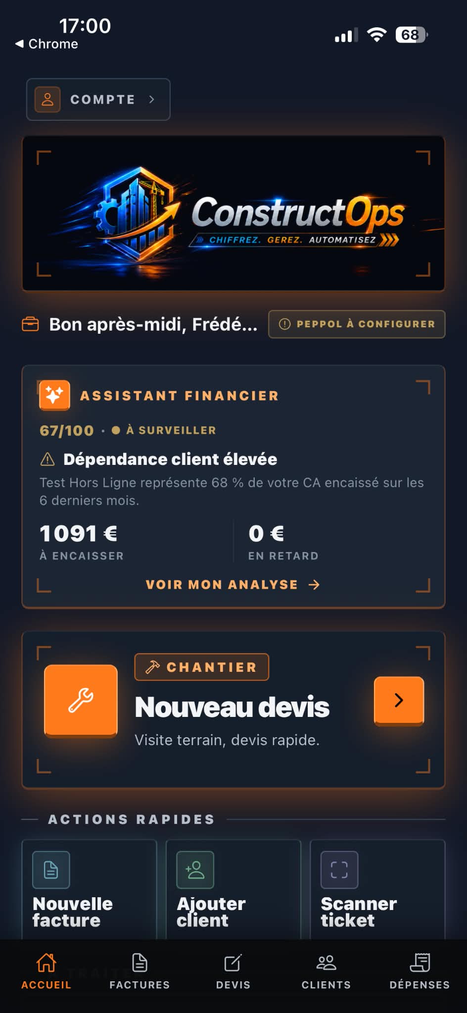 Accueil mobile ConstructOps avec assistant financier